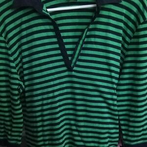 Rafaella Green and Black Striped Long Sleeve Polo